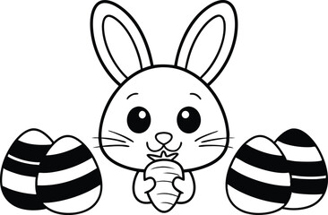 Cheerful Cartoon Rabbit Holding Carrot With Striped Eggs on Transparent Background