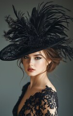 Portrait of a woman in a black lace dress and a large black feathered hat