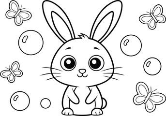 Cute Bunny Surrounded by Butterflies and Bubbles Black and White