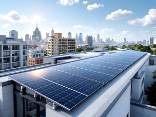 Solar Panels on Urban Rooftop with City Skyline in Background  