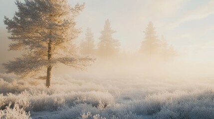 A frosted tree and forest scene in the soft early morning