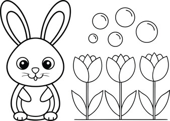 Outlined Cartoon Rabbit, Bubbles, and Tulips on Transparent Background