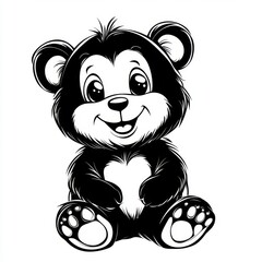 Obraz premium Outline of a cute black silhouette bear smiling against a white background. 