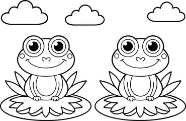 Cartoon Outline Frogs on Lily Pads with Clouds Above on Transparent Background