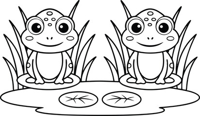 Cartoon Frogs on Lily Pads Outline, Pond with Leaves, Aquatic Plants Black and White