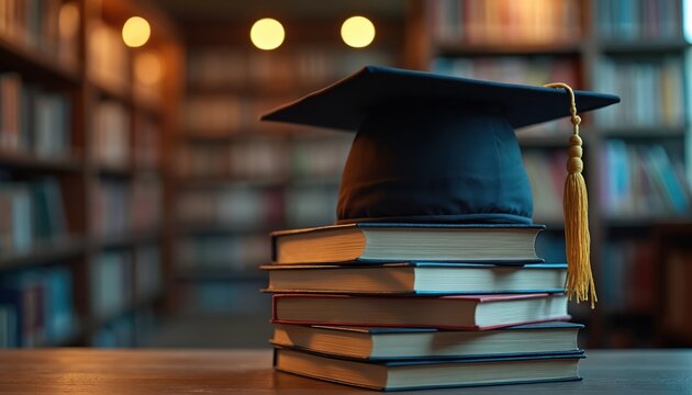 Graduation cap rests on stack of books library evening light. Symbolizes academic achievement knowledge education study. Bookshelf, learning, research, higher education theme. - Powered by Adobe