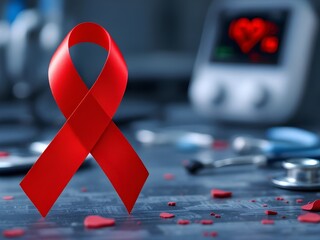 Red Ribbon Symbolizing AIDS Awareness in Medical Setting  