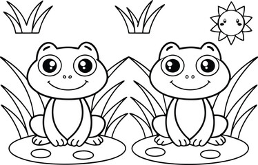 Two Outline Cartoon Frogs on Pads With Grass and Sun Isolated on Transparent