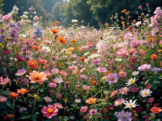 Vibrant Wildflower Meadow in Full Bloom Under the Sunlight  