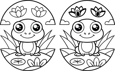 Cute frog on lily pad cartoon outlined with lotus background in monochrome