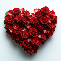 heart shaped arrangement of vibrant red roses, symbolizing love and romance, adorned with fresh petals and leaves, perfect for special occasions