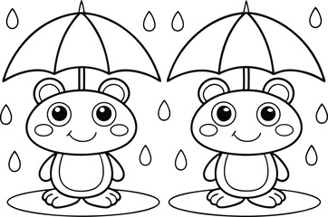 Obraz premium Outline Cartoon Bears with Umbrellas in the Rain | Cheerful Bear in Outline Art