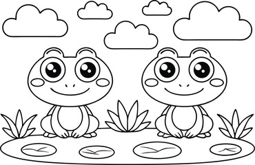 Line Art Two Cartoon Frogs on a Pond with Clouds above, Coloring Page Style