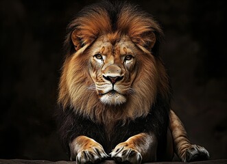 Fototapeta premium Stunning close-up portrait of a lion in a seated position.