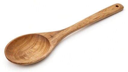 Large wooden spoon top view, showcasing its smooth curved surface and wooden texture. Ideal for cooking or kitchen decor purposes. Isolated on white 