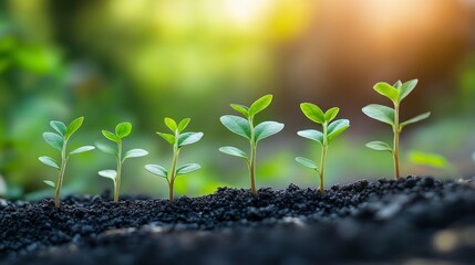 Five Young Seedlings Growing in Rich Soil, Representing Growth, Development, and New Beginnings