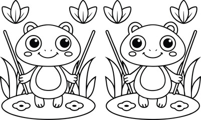 Line Art Cute Bear Holding Stick on Pond with Flowers, Transparent Background