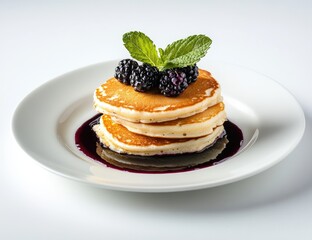 Stacked pancakes topped with blackberries and mint leaves, drizzled with sauce
