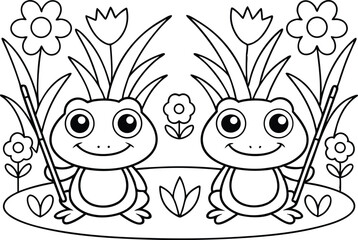 Outlined Smiling Frogs with Flowers and Plants on Lily Pad