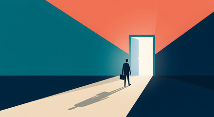 Silhouette of Businessman Walking Through Doorway into Bright Light Future Opportunity