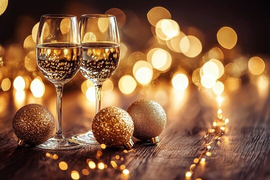 Beautifully presented campan glasses paired with sparkling gold baubles against a blurred backdrop.