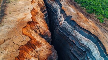 Aerial view of deep canyon with steep, rugged walls showcasing layers of red and gray rock, surrounded by lush greenery