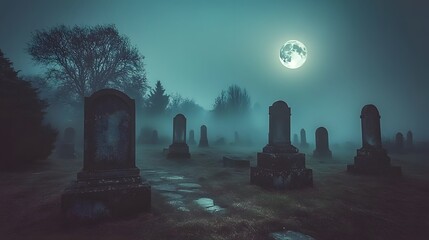 Moonlit view of a haunted graveyard with fog rolling over the tombstones