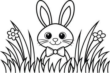 Outlined Cartoon Bunny with Bow Tie in Grass Patch on White Background