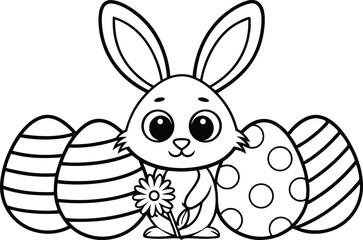 Cartoon Bunny with Flower Holding Striped and Dotted Patterned Eggs Outline on White