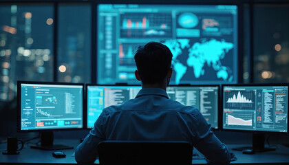 Cybersecurity expert monitors networks in control room. Displays on screens info. Man at work in modern office center. Data analysis, tech monitoring, computer surveillance and information protection.