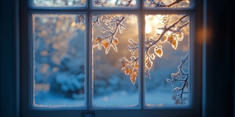 Icy Window View with Branch and Winter Sunrise Light