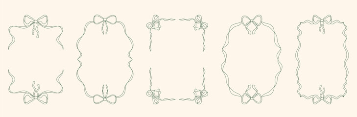 A set of vintage hand-drawn ribbon borders. Elegant doodle ribbons and bow frames. Whimsical decorative elements for wedding or birthday invitations. Vector illustration.