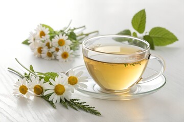Tea on a white Saucer with Chamomile, Glass teacup