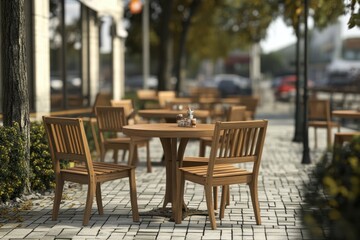 Fototapeta premium Outdoor wooden tables and chairs set in a sunny café setting with greenery around