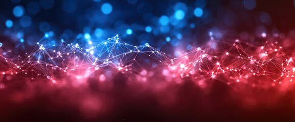Obraz premium Abstract network of interconnected dots with red and blue bokeh lights background