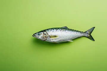 Naklejka premium A whole raw mackerel lies on a smooth green surface