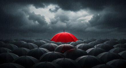 Red Umbrella Standing Out from Gray Umbrellas Under Dramatic Cloudy Sky during a Dark Storm