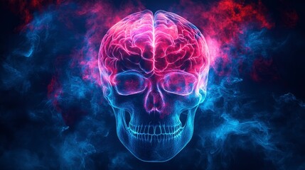 Glowing Brain Inside Skull Surrounded by Smoke