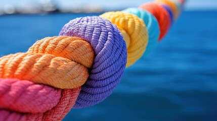 A vibrant close-up of a rope in the shape of a cross, with strands of red, orange, yellow, purple, and blue interwoven together.