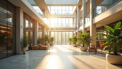 Bright, airy modern office atrium with sunlight, glass walls, green plants. Stylish contemporary workspace, spacious interior design. Commercial building, open space. Perfect for business, corporate