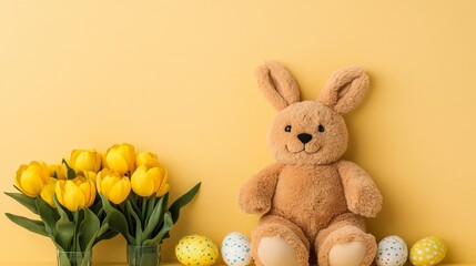 Obraz premium Cute happy flaffy white easter bunny peeking out