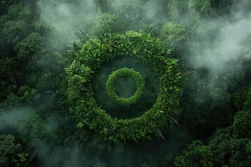 Circular forest grove in misty jungle