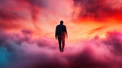 In this mesmerizing image, a figure walks through colorful clouds during sunset, evoking feelings of introspection, exploration, and the journey of life.