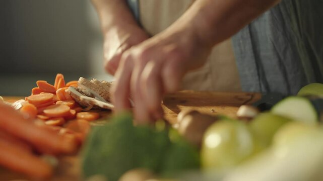 A professional master chef slicing fresh organic mushrooms for delicious meals in the kitchen