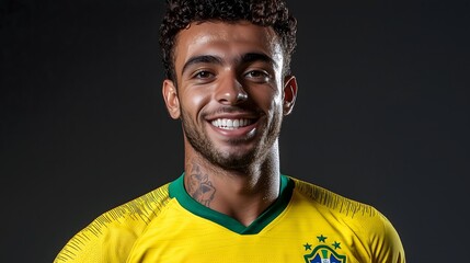 Portrait of a smiling Brazilian soccer player in a yellow jersey