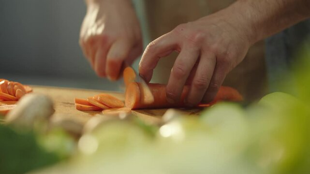 Close-up view of an unknown chef cutting a carrot with a sharp knife on wooden chopping board
