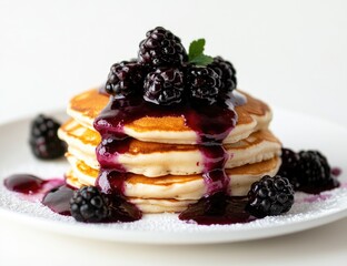 Stacked pancakes topped with blackberries and blackberry sauce