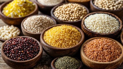 Assortment of Grains and Seeds in Wooden Bowls