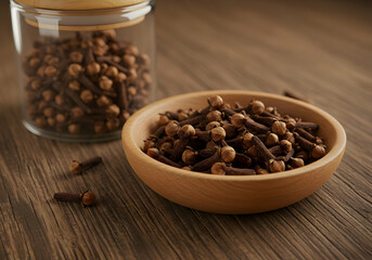 Cloves in Wooden Bowl and Glass Jar on Wooden Surface