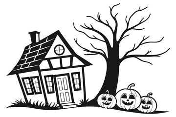 A black silhouette of a Halloween haunted house with a triangular roof, two square windows D.eps